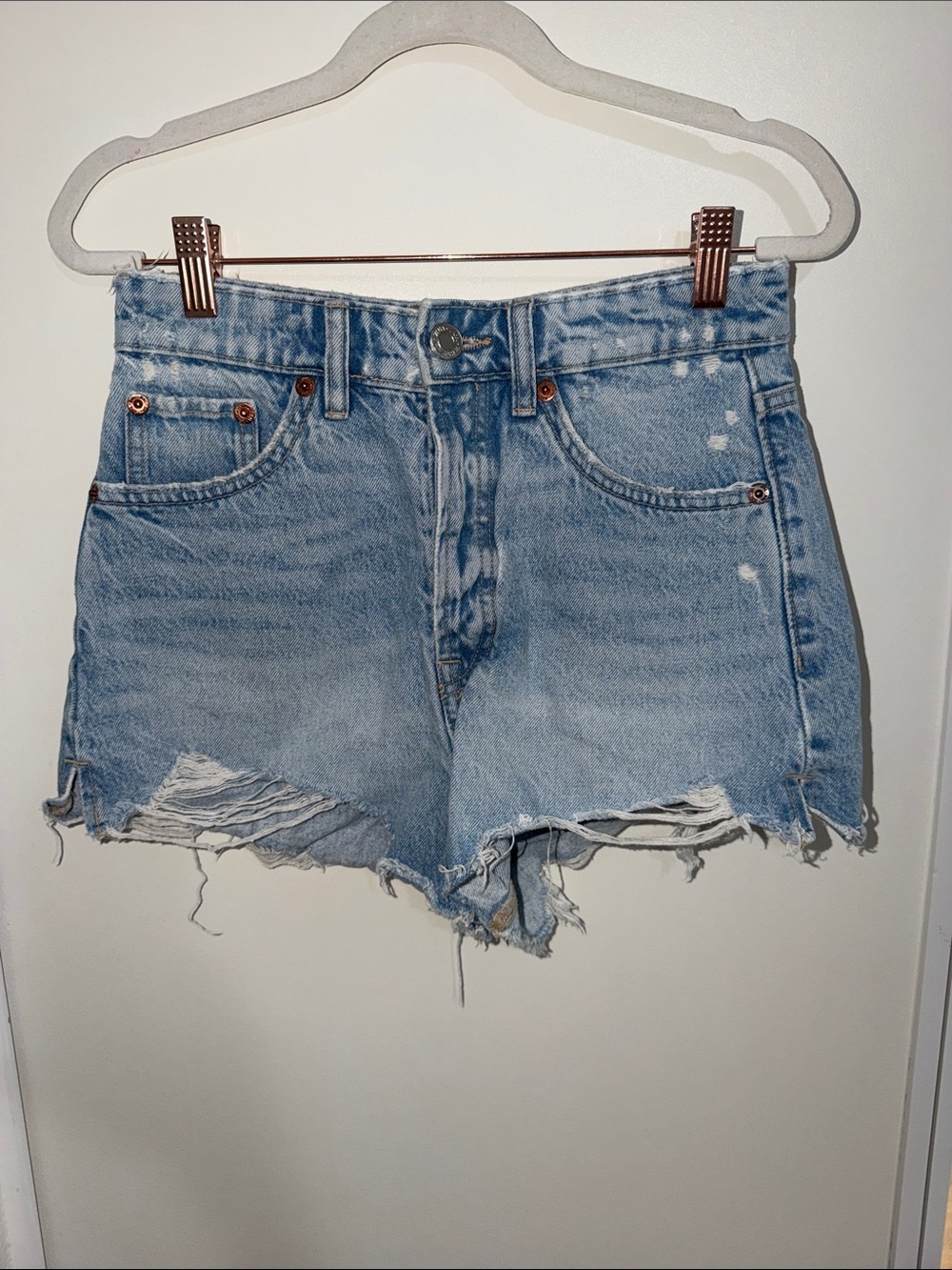 Zara Light Blue Distressed Denim Cutoff Shorts Button Fly | 4
